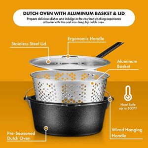 Bruntmor 2-in-1, 9 Quart Pre-seasoned Cast Iron Dutch Oven Kitchen Utensils Set With Handle And Deep Fry Basket With Stainless Steel Lid Skillets | All-in-One Camping Cookware Pots And Pans Set.