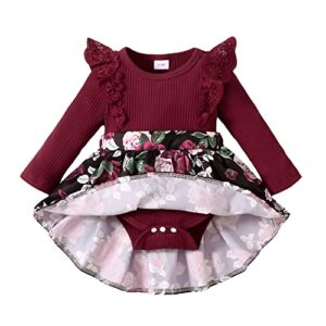opawo newborn infant baby girl dress ribbed bodysuit romper dress long sleeve floral girl dresses fall winter clothes(burgundy,3-6 months)