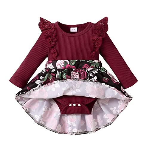 OPAWO Newborn Infant Baby Girl Dress Ribbed Bodysuit Romper Dress Long Sleeve Floral Girl Dresses Fall Winter Clothes(Burgundy,3-6 Months)