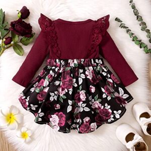 OPAWO Newborn Infant Baby Girl Dress Ribbed Bodysuit Romper Dress Long Sleeve Floral Girl Dresses Fall Winter Clothes(Burgundy,3-6 Months)