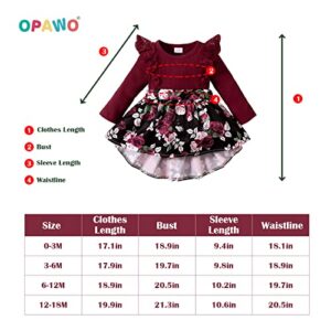 OPAWO Newborn Infant Baby Girl Dress Ribbed Bodysuit Romper Dress Long Sleeve Floral Girl Dresses Fall Winter Clothes(Burgundy,3-6 Months)