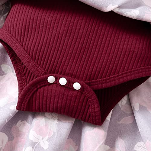 OPAWO Newborn Infant Baby Girl Dress Ribbed Bodysuit Romper Dress Long Sleeve Floral Girl Dresses Fall Winter Clothes(Burgundy,3-6 Months)