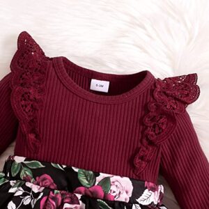 OPAWO Newborn Infant Baby Girl Dress Ribbed Bodysuit Romper Dress Long Sleeve Floral Girl Dresses Fall Winter Clothes(Burgundy,3-6 Months)