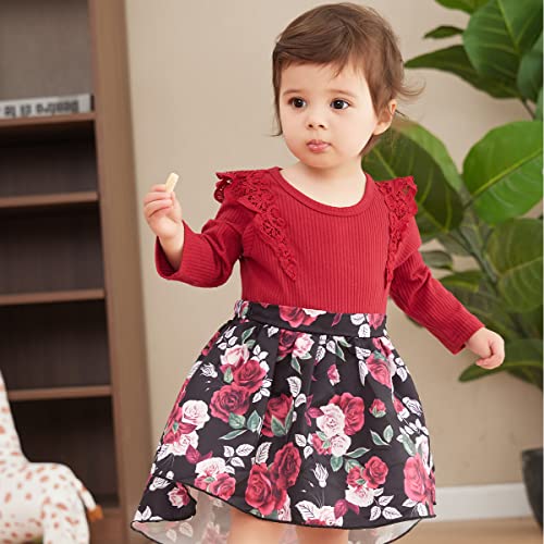 OPAWO Newborn Infant Baby Girl Dress Ribbed Bodysuit Romper Dress Long Sleeve Floral Girl Dresses Fall Winter Clothes(Burgundy,3-6 Months)