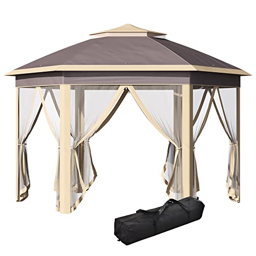 Outsunny 11' x 13' Pop Up Gazebo Canopy Tent with Zippered Mesh Sidewalls and Carrying Bag, Event Tent Shelter for Patio Garden Backyard, Beige