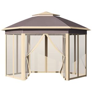 Outsunny 11' x 13' Pop Up Gazebo Canopy Tent with Zippered Mesh Sidewalls and Carrying Bag, Event Tent Shelter for Patio Garden Backyard, Beige