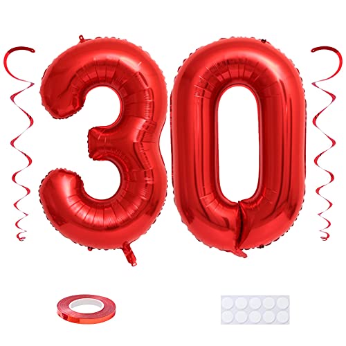 Maigendoo Jumbo 30 Number Balloon 40 Inch Large Digit Balloons Huge Helium Balloon Foil Mylar Balloon with Swirl Decorations for 30th Birthday Party Graduation Celebration Anniversary Event, Red