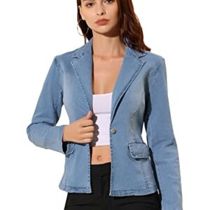 Allegra K Women's Notched Lapel One Button Long Sleeve Business Washed Denim Blazer Medium Light Blue