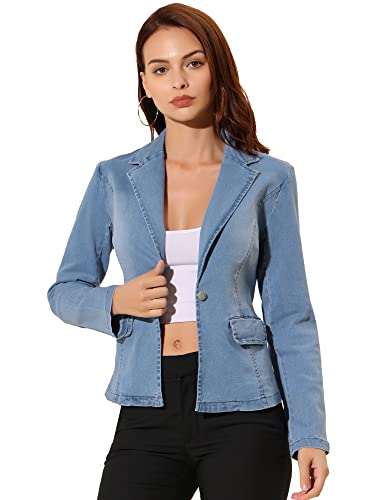 Allegra K Women's Notched Lapel One Button Long Sleeve Business Washed Denim Blazer Medium Light Blue