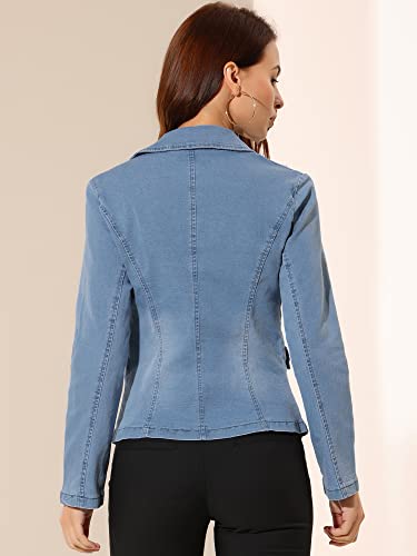 Allegra K Women's Notched Lapel One Button Long Sleeve Business Washed Denim Blazer Medium Light Blue