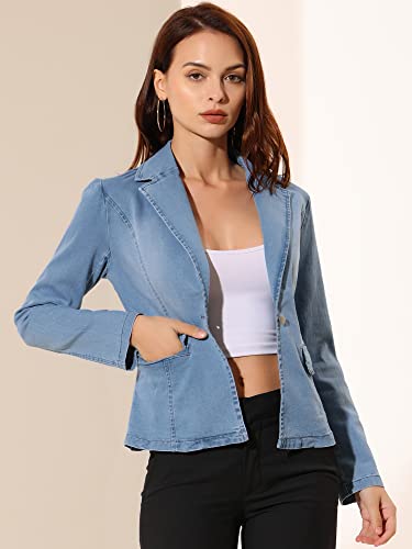 Allegra K Women's Notched Lapel One Button Long Sleeve Business Washed Denim Blazer Medium Light Blue