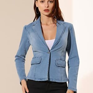 Allegra K Women's Notched Lapel One Button Long Sleeve Business Washed Denim Blazer Medium Light Blue