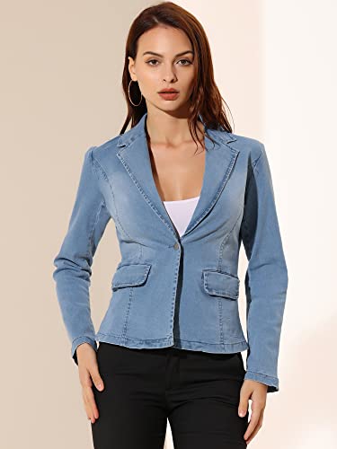 Allegra K Women's Notched Lapel One Button Long Sleeve Business Washed Denim Blazer Medium Light Blue