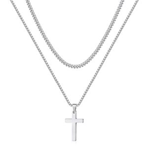 cross necklace for men, mens cross necklaces stainless steel silver cross necklace cross chain for men layered cuban link chain for men 16-18 inch cross necklace mens jewelry gifts for dad boyfriend