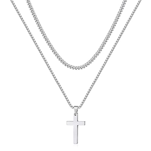 Cross Necklace for Men, Mens Cross Necklaces Stainless Steel Silver Cross Necklace Cross Chain for Men Layered Cuban Link Chain for Men 16-18 Inch Cross Necklace Mens Jewelry Gifts for Dad Boyfriend