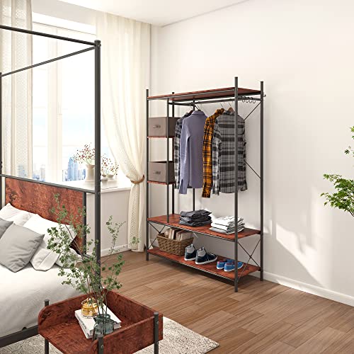 Ama Maker Metal Clothes Garment Rack With Shelves Heavy Duty Hanging Rod Free Standing Closet Rack and Shelving Black With Wood Board Wardrobe