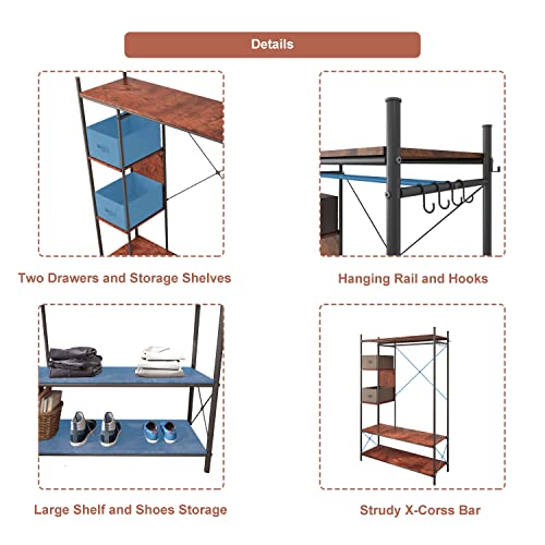 Ama Maker Metal Clothes Garment Rack With Shelves Heavy Duty Hanging Rod Free Standing Closet Rack and Shelving Black With Wood Board Wardrobe