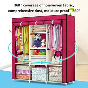 QLFJ-FurDec Portable Wardrobe Closet, 47 Inch Clothes Storage Organizer Shelves Rack, Non-Woven Fabric Cover Standing Closet with 2 Hanging Rods, Extra Durable, Quick and Easy Assembly(Wine Red)