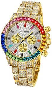 gosasa luxury bling-ed out colorful dial full diamond hip hop rocks watches fashion quartz analog stainless steel bracelet wrist watch (gold)