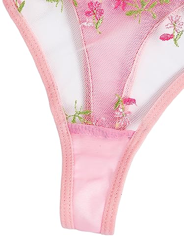 WDIRARA Women's Floral Embroidery Underwire Lingerie Set Mesh Bra and Panty Set Pink S