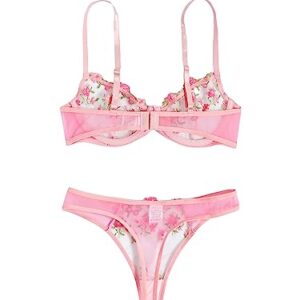 WDIRARA Women's Floral Embroidery Underwire Lingerie Set Mesh Bra and Panty Set Pink S