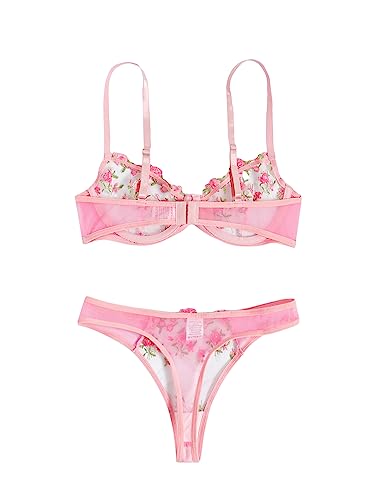 WDIRARA Women's Floral Embroidery Underwire Lingerie Set Mesh Bra and Panty Set Pink S