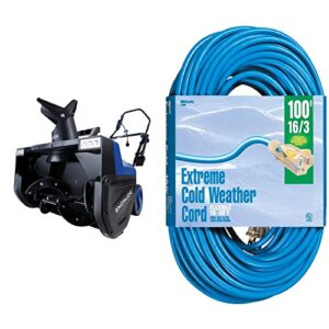 snow joe sj627e electric walk-behind snow blower w/dual led lights, 22-inch, 15-amp & woods 2436 16/3 outdoor cold-flexible sjtw extension cord, blue with lighted end, 100-foo