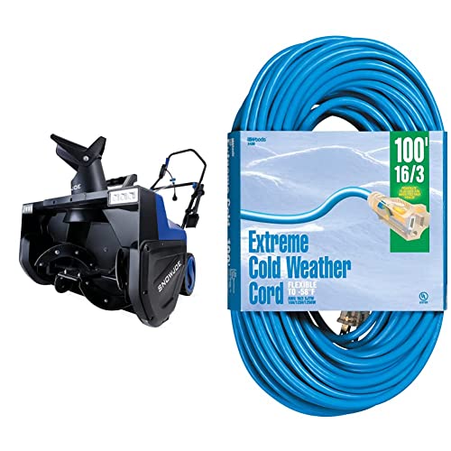 Snow Joe SJ627E Electric Walk-Behind Snow Blower w/Dual LED Lights, 22-inch, 15-Amp & Woods 2436 16/3 Outdoor Cold-Flexible SJTW Extension Cord, Blue with Lighted End, 100-Foo