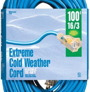 Snow Joe SJ627E Electric Walk-Behind Snow Blower w/Dual LED Lights, 22-inch, 15-Amp & Woods 2436 16/3 Outdoor Cold-Flexible SJTW Extension Cord, Blue with Lighted End, 100-Foo