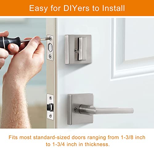 Natsukage Front Door Handle Set Heavy Duty Entry Door Lock Set Satin Nickel Entrance Handle Set with Lock, with Single Cylinder Deadbolt and Lever Handle, Reversible for Right & Left Handed Doors