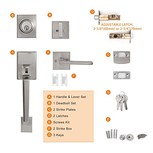 Natsukage Front Door Handle Set Heavy Duty Entry Door Lock Set Satin Nickel Entrance Handle Set with Lock, with Single Cylinder Deadbolt and Lever Handle, Reversible for Right & Left Handed Doors