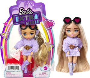 barbie extra minis doll #4 (5.5 in) wearing fluffy purple fashion, with doll stand & accessories including teddy ears and sunglasses, gift for kids 3 years old & up​
