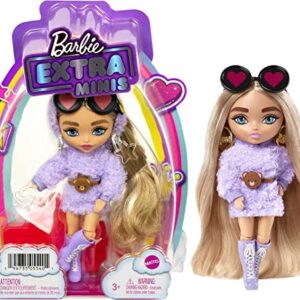 Barbie Extra Minis Doll #4 (5.5 in) Wearing Fluffy Purple Fashion, with Doll Stand & Accessories Including Teddy Ears and Sunglasses, Gift for Kids 3 Years Old & Up​