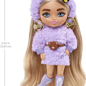 Barbie Extra Minis Doll #4 (5.5 in) Wearing Fluffy Purple Fashion, with Doll Stand & Accessories Including Teddy Ears and Sunglasses, Gift for Kids 3 Years Old & Up​