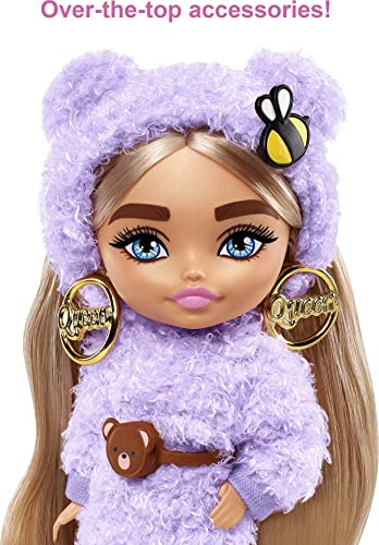 Barbie Extra Minis Doll #4 (5.5 in) Wearing Fluffy Purple Fashion, with Doll Stand & Accessories Including Teddy Ears and Sunglasses, Gift for Kids 3 Years Old & Up​