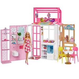 barbie dollhouse with doll, 2 levels & 4 play areas, fully furnished, 3 to 7 year olds