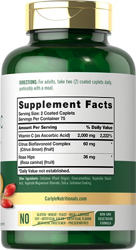 Vitamin C 2000mg | with Rose Hips | 150 Caplets | Vegetarian, Non-GMO, Gluten Free Supplement | by Carlyle