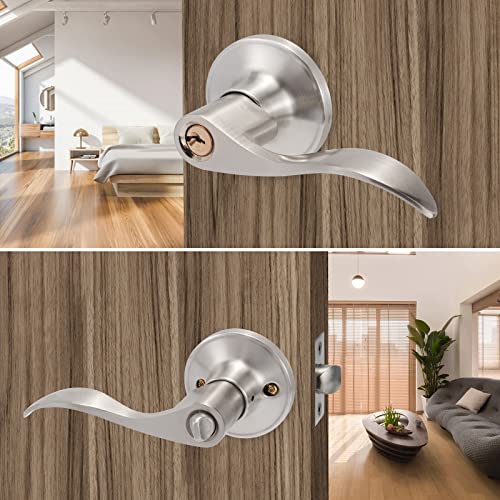 GOLDSEED Door Knob with Lock, Exterior Door Knob for Bedroom or Bathroom, Satin Nickel Door Knob with Key for Right/Left Handed Doors