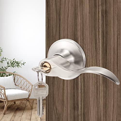 GOLDSEED Door Knob with Lock, Exterior Door Knob for Bedroom or Bathroom, Satin Nickel Door Knob with Key for Right/Left Handed Doors