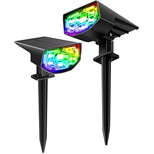 Solar Outdoor Lights, Solar Lights Outdoor Waterproof IP68 Multicolor 13 Modes, RGB Solar Spot Lights Outdoor, Auto On/Off Solar Landscape Lights 2-in-1, for Yard, Garden, Pathway, Flag, 2 Pack