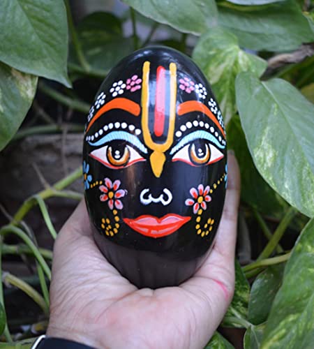 Laddu Gopal Shaligram Stone with Beautiful Design Painted on it Black~I-5574