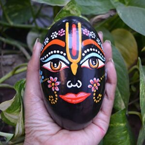 Laddu Gopal Shaligram Stone with Beautiful Design Painted on it Black~I-5574