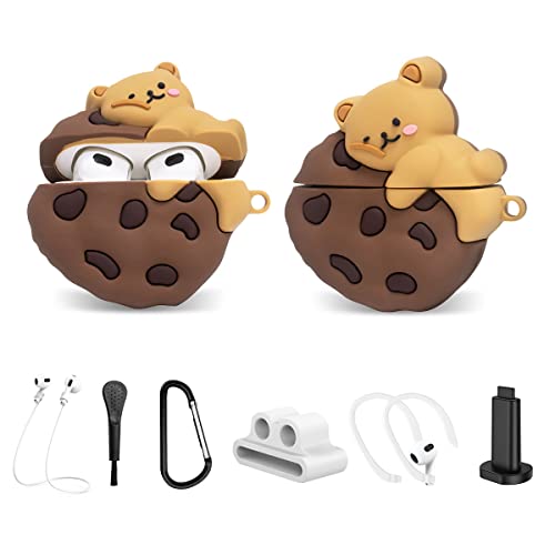 Cute Cookie Bear Airpods 3rd Generation(2021) Case, 7 in 1 Silicone Protective Airpods 3 Accessories Cover Kit, 3D Fashion Cartoon Animal Food Skin for Girls Women with Other 6 Different Accessories