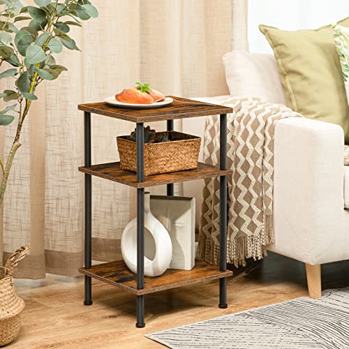 HOOBRO End Table, 3-Layer Tall Side Table, Nightstand for Small Space, Beside Table in Bedroom, Sofa Table for Living Room, Industrial Style, Stable Frame, Easy Assembly Rustic Brown BF10BZ01