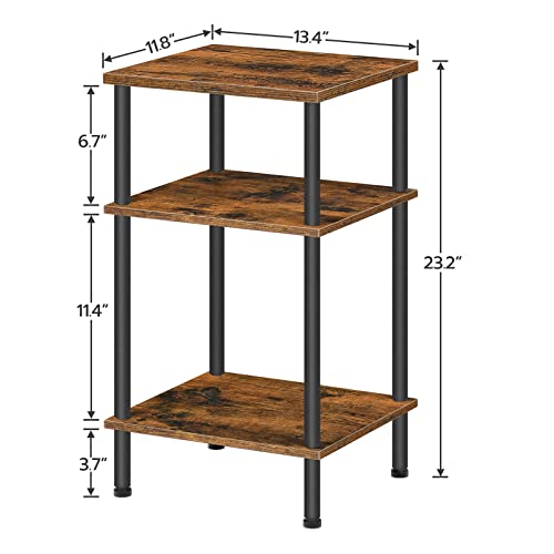HOOBRO End Table, Set of 2, 3-Layer Tall Side Table, Nightstand for Small Space, Besides Table in Bedroom, Sofa Table for Living Room, Industrial Style, Easy Assembly Rustic Brown BF10BZP201