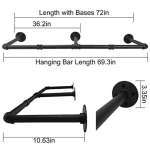 Closet Rods for Hanging Clothes, Ecoyomi 72 Inch Clothing Racks Wall Mount,Industrial Pipe Clothing Rack, Garment Rack Clothes Hanging Rod Bar, Heavy-Duty Garment Bar for Closet Laundry Room Storage