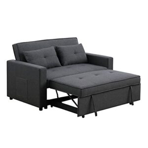 bowery hill dark gray linen fabric 3-in-1 convertible sleeper loveseat with side pocket