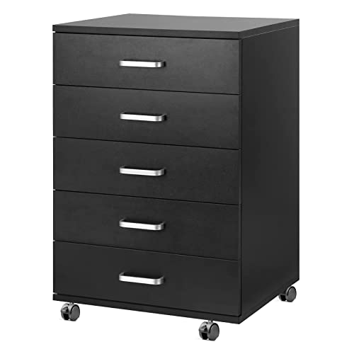 TUSY 5-Drawer Chest, Storage Dresser Cabinet with Wheels, Black