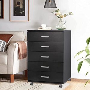 TUSY 5-Drawer Chest, Storage Dresser Cabinet with Wheels, Black