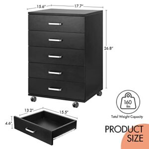 TUSY 5-Drawer Chest, Storage Dresser Cabinet with Wheels, Black